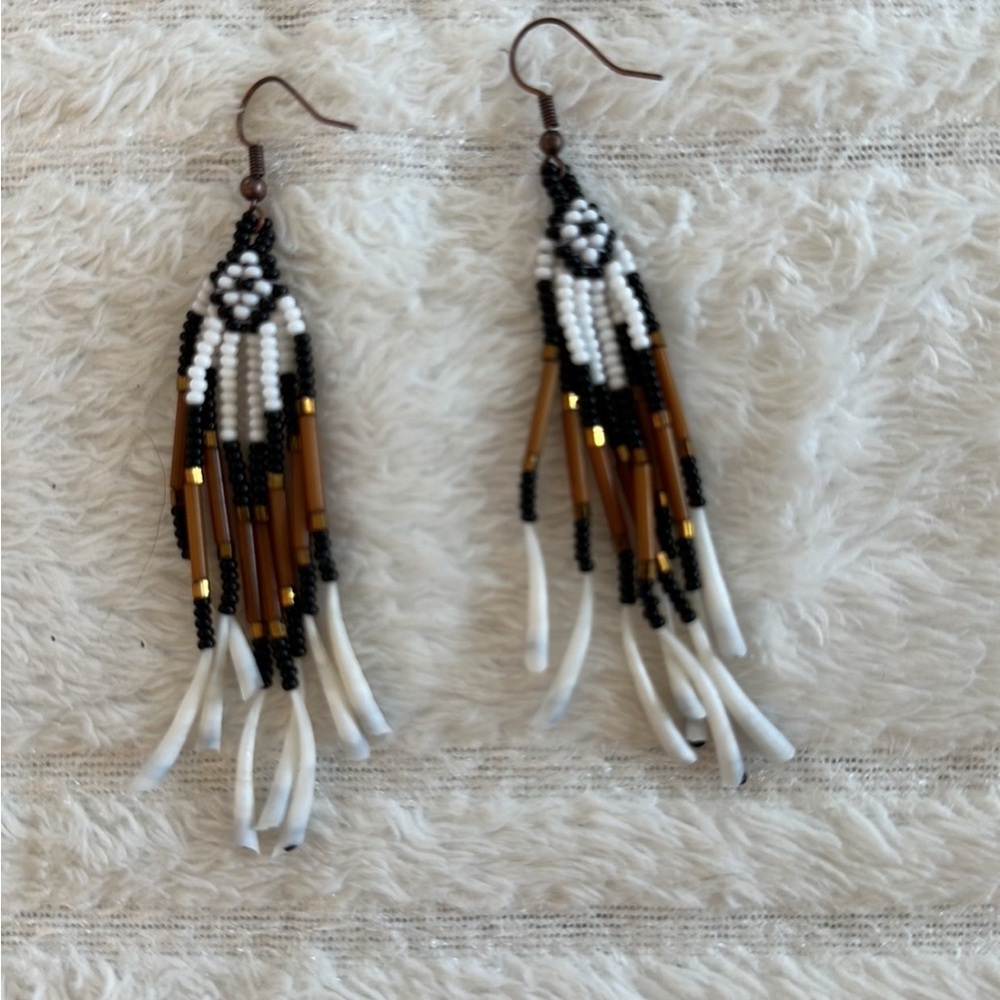 Elegant Beaded Dangle Earrings - Black, White, and Brown, handmade native